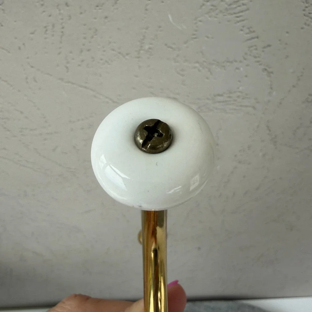 Vintage Brass Double Wall Hook with White Porcelain Ceramic Finial Finial 5.5in